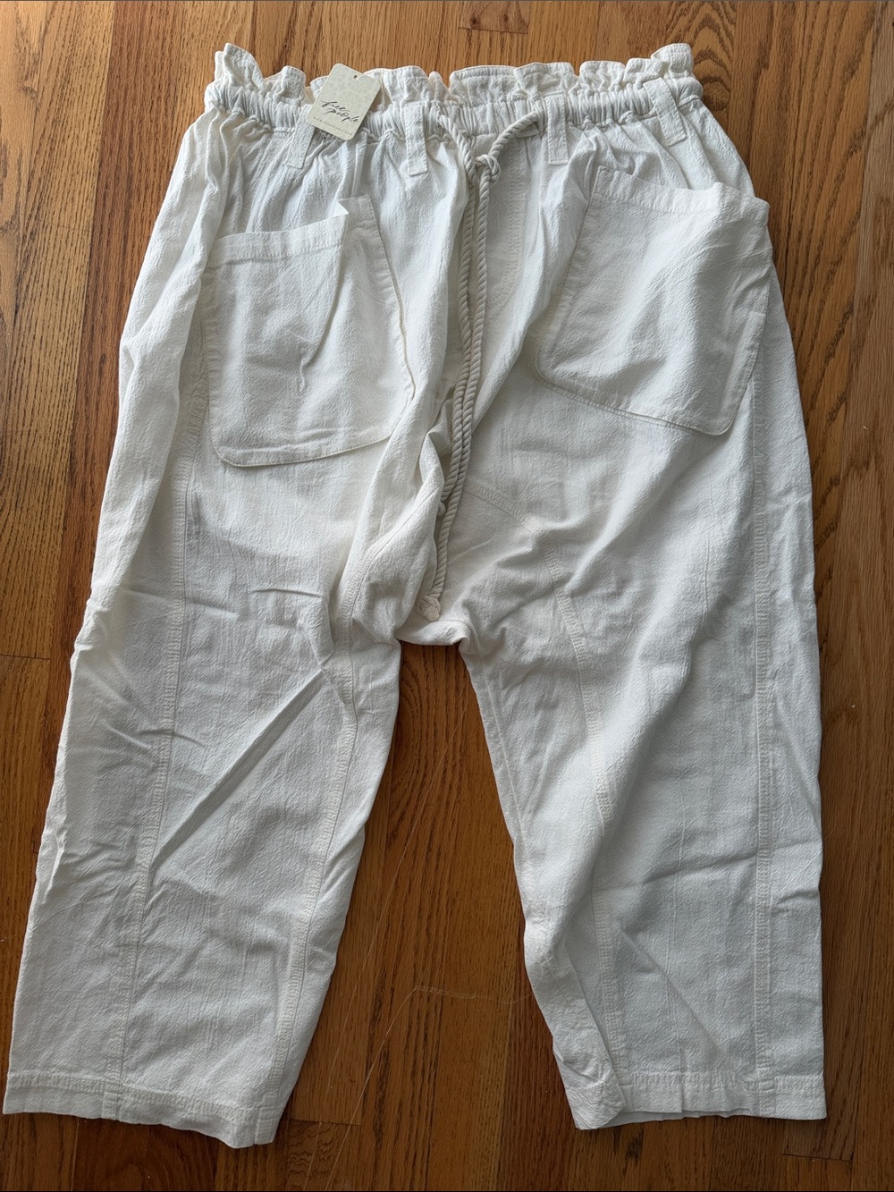 Free People White Cropped Drawstring Linen-Style Capris